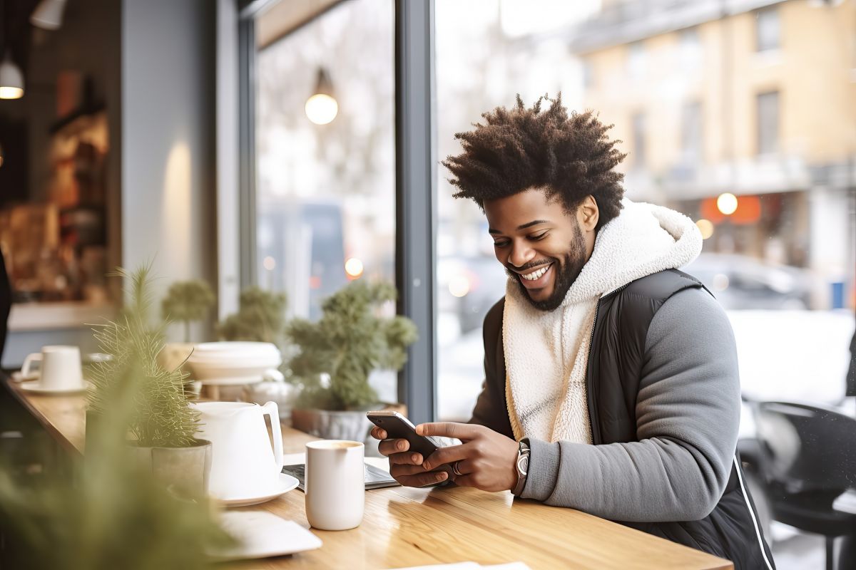 Man sitting at table looking at phone